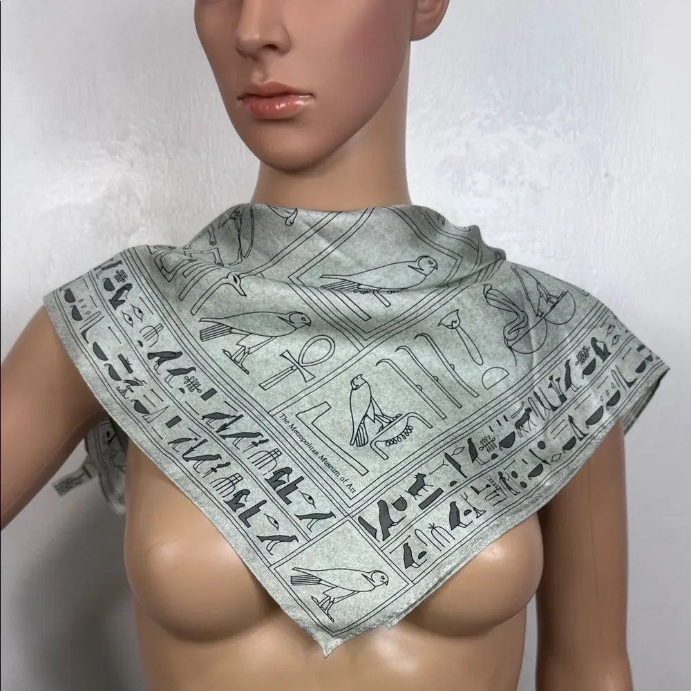 Metropolitan Museum of Art Egyptian Hieroglyph Silk Scarf 21x21 Gray Vintage